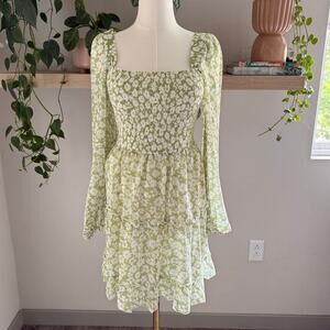 Lulus Green Floral Smocked Tiered Long Sleeve Mini Dress M Coquette Cottage